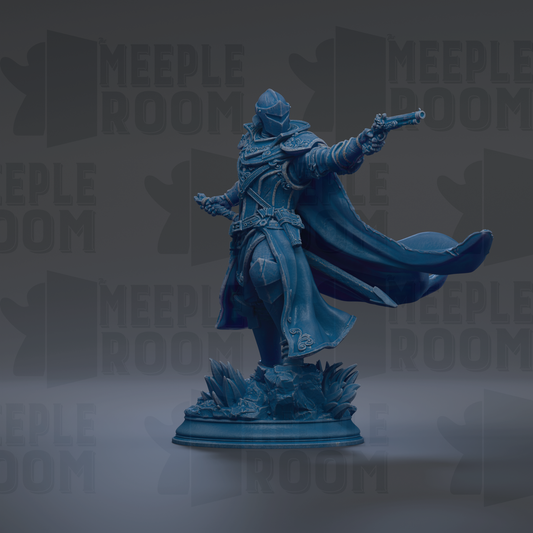 A blue statue of a warrior figure with a flowing cape and sword, standing on a base with a plant-like decoration.