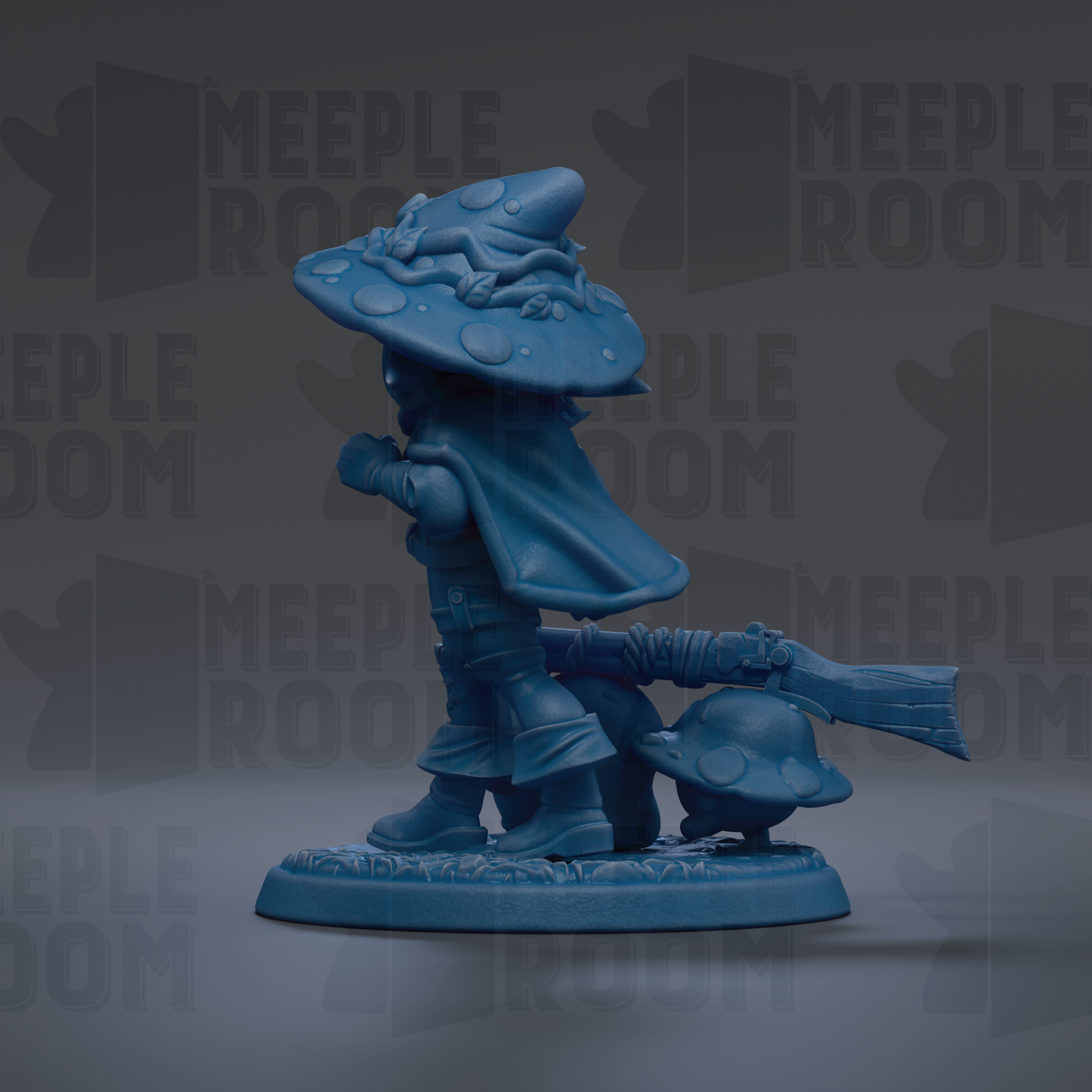 A blue figurine of a wizard or magical character, wearing a pointed hat and holding a wand, is the main focus of the image.