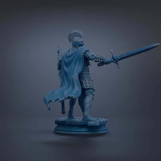 A blue statue of a warrior figure holding a sword and shield, standing on a pedestal against a dark background.