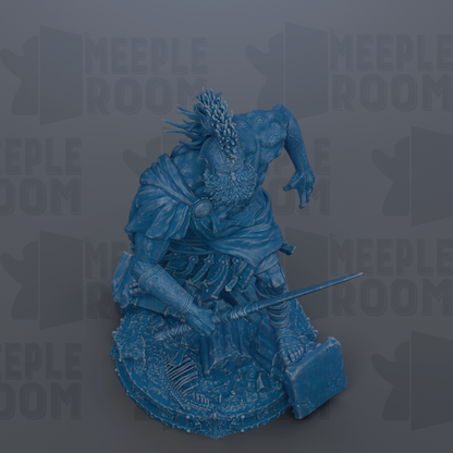 A blue, 3D-rendered statue of a warrior figure holding a sword and shield, set against a dark background with repeated text.