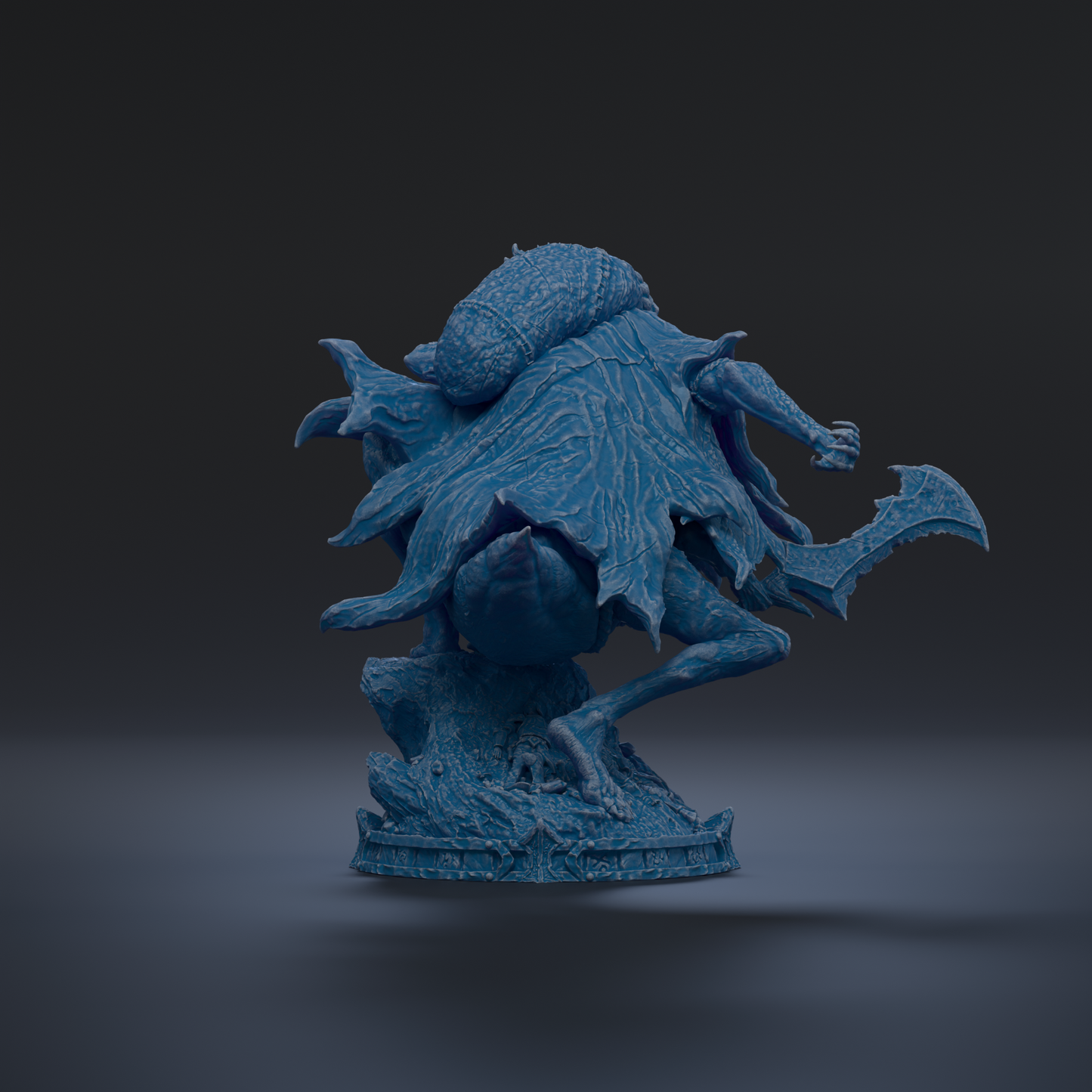 A 3D rendering of a blue, fantastical creature with a large head and a long, curved tail, standing on a rock formation.