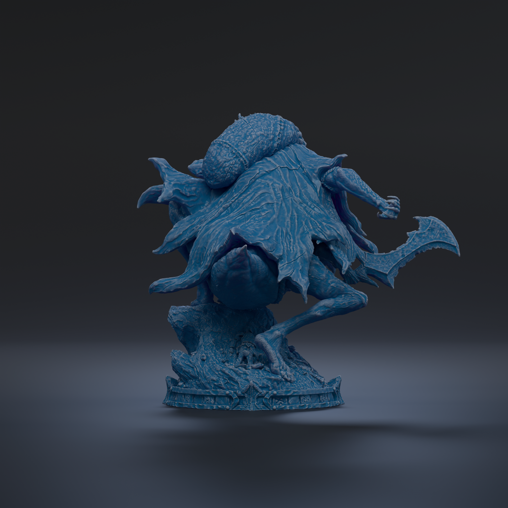 A 3D rendering of a blue, fantastical creature with a large head and a long, curved tail, standing on a rock formation.