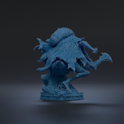 A 3D rendering of a blue, fantastical creature with a large head and a long, curved tail, standing on a rock formation.