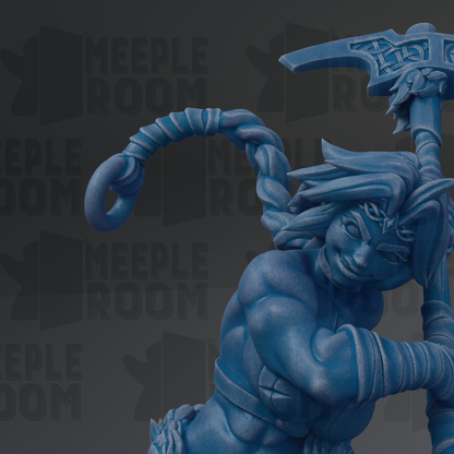 A close-up of a blue, sculpted figure with a twisted, claw-like arm and a weapon in hand, set against a dark background with repeated text.