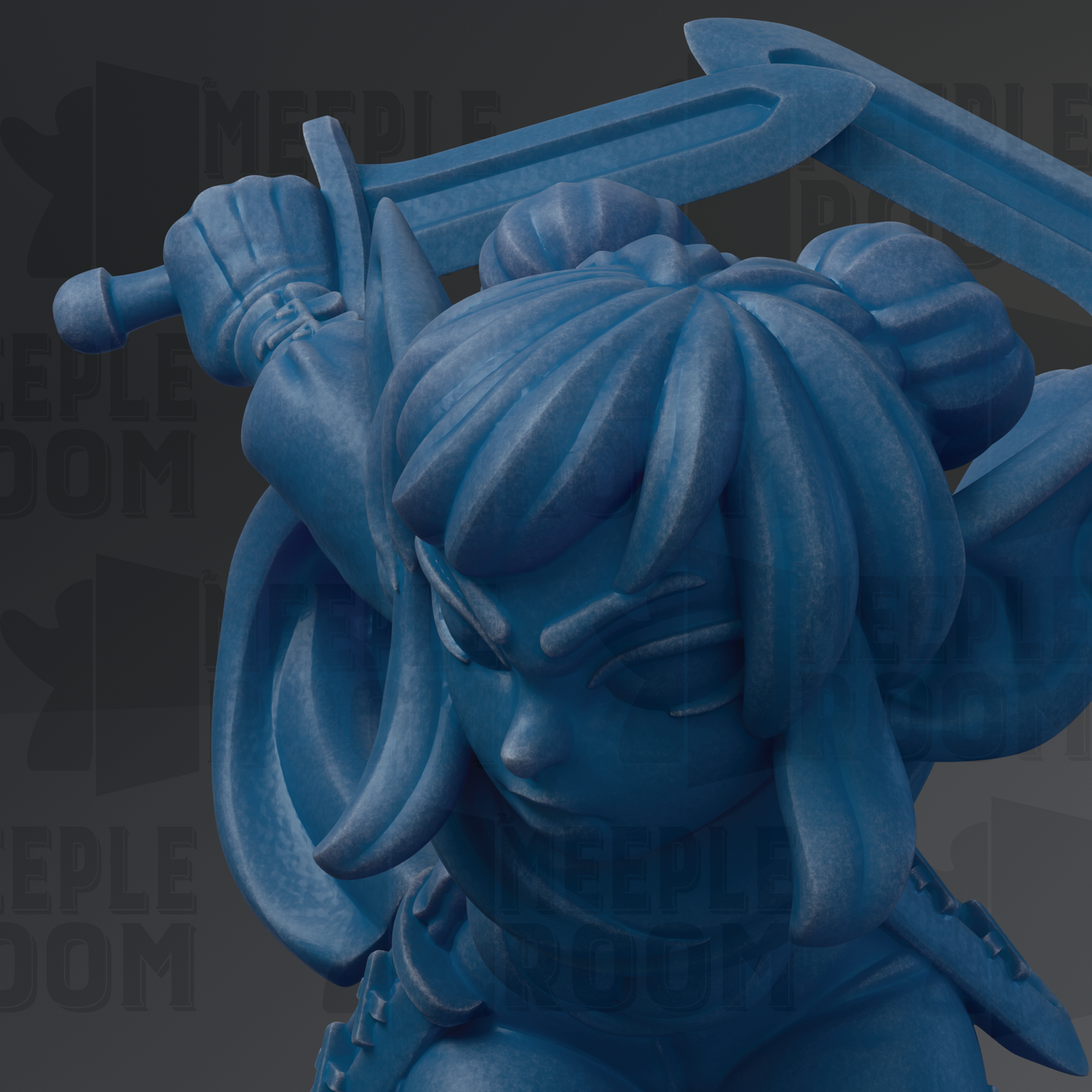 A close-up of a blue, cartoonish statue of a person holding a sword.