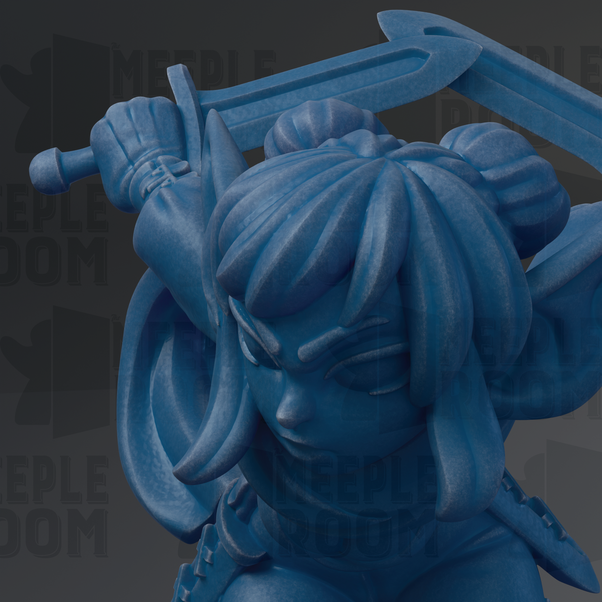 A close-up of a blue, cartoonish statue of a person holding a sword.