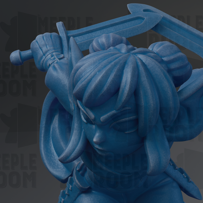 A close-up of a blue, cartoonish statue of a person holding a sword.