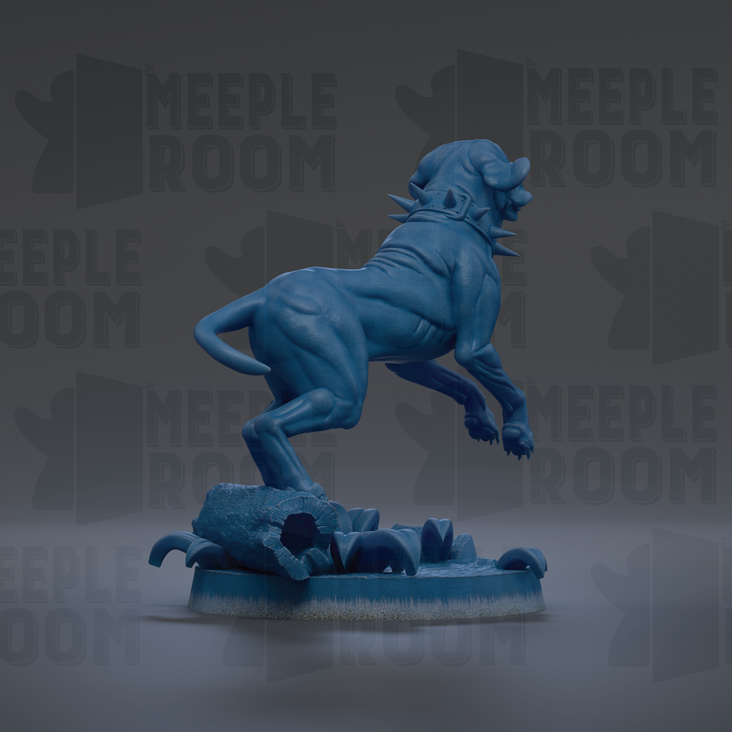 A blue, spiky dog statue is shown against a dark background with repeated "MEUPLE ROOM" text.