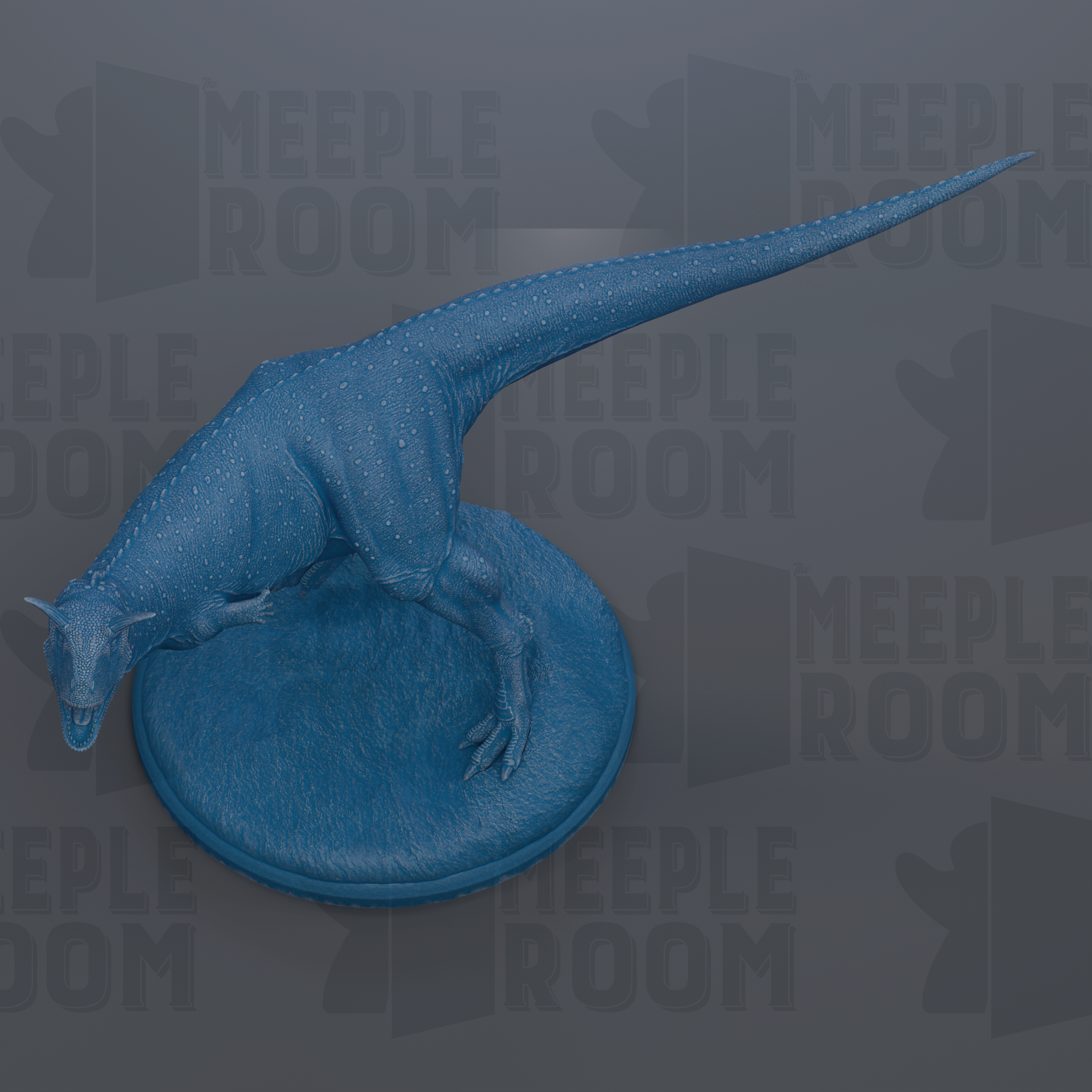 A blue dinosaur figurine is shown on a circular base against a gray background with repeated text.