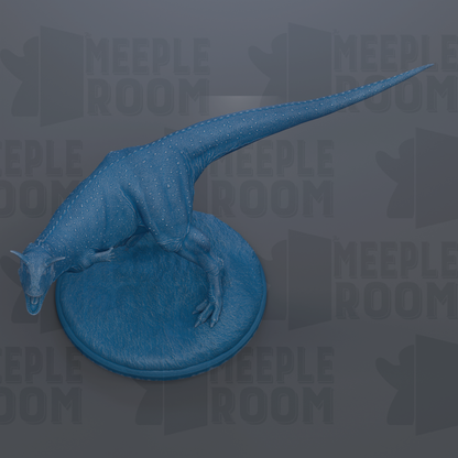 A blue dinosaur figurine is shown on a circular base against a gray background with repeated text.