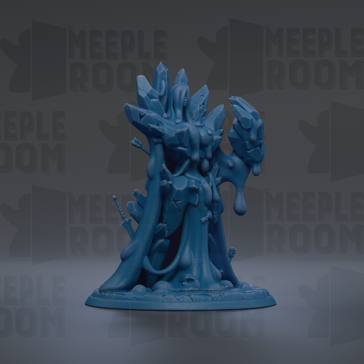 A blue, abstract sculpture with a flowing, organic shape and dripping, melting elements.