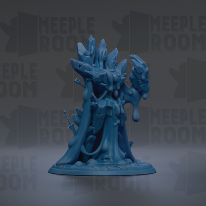 A blue, abstract sculpture with a flowing, organic shape and dripping, melting elements.