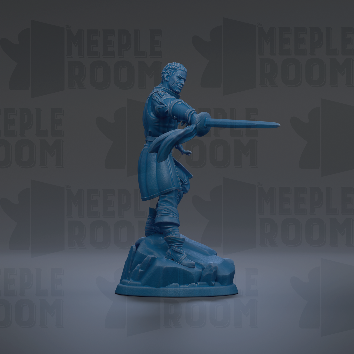 A blue figurine of a warrior standing on a rock, holding a sword in a fighting stance.