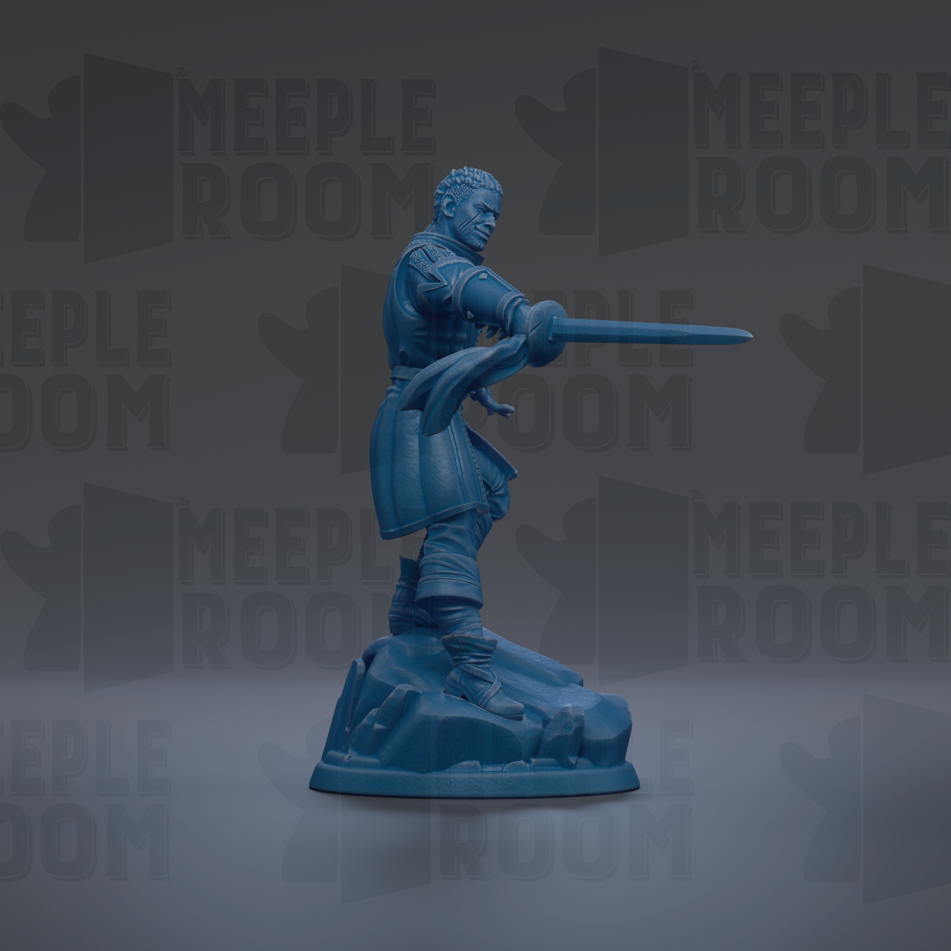 A blue figurine of a warrior standing on a rock, holding a sword in a fighting stance.