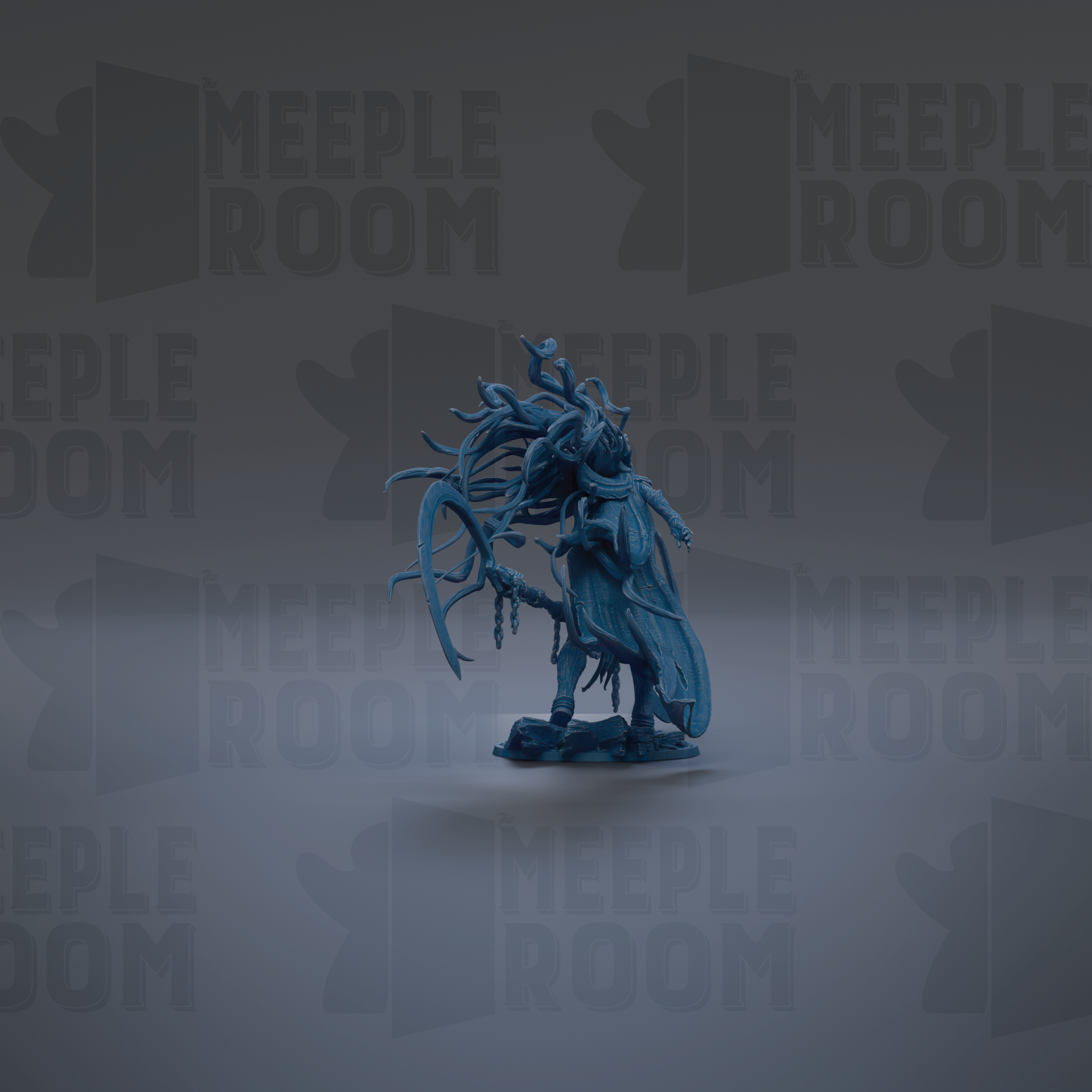 A dark blue, fantastical creature with an intricate, flowing design stands prominently against a dark background with repeated "MEIPLE ROOM" text.