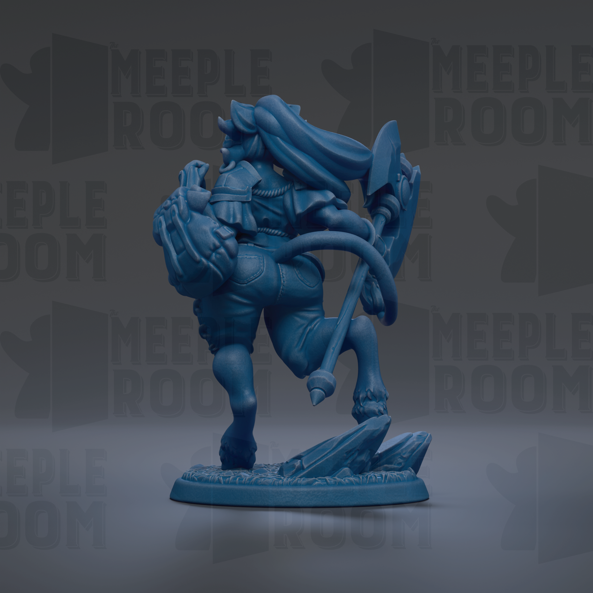 A blue figurine of a person holding a shovel and a backpack, standing on a rock.