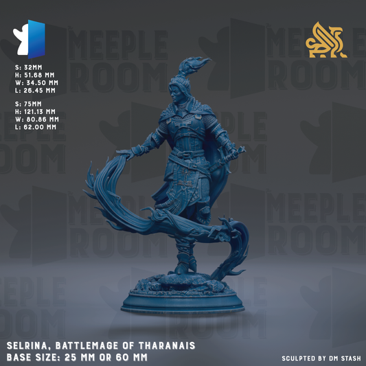 The image is a detailed 3D model of a warrior figure, specifically the "Selina, Battlemage of Tharanais" base size. The figure is depicted in a dynamic pose, holding a spear and a shield, with a sword in hand. The base size of the figure is either 25mm or 60mm, depending on the perspective. The image is a sculpture, and it is presented against a dark background with the text "MEUPLEROOM" repeated throughout.