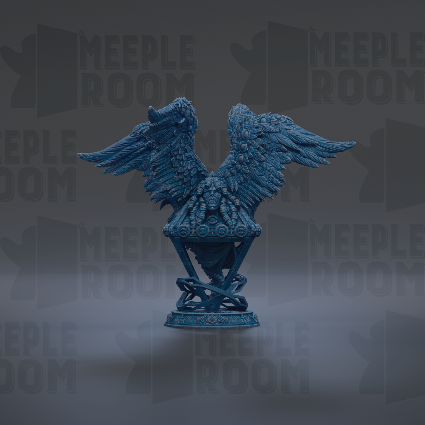 A blue, winged statue stands on a pedestal against a dark background with repeated text.