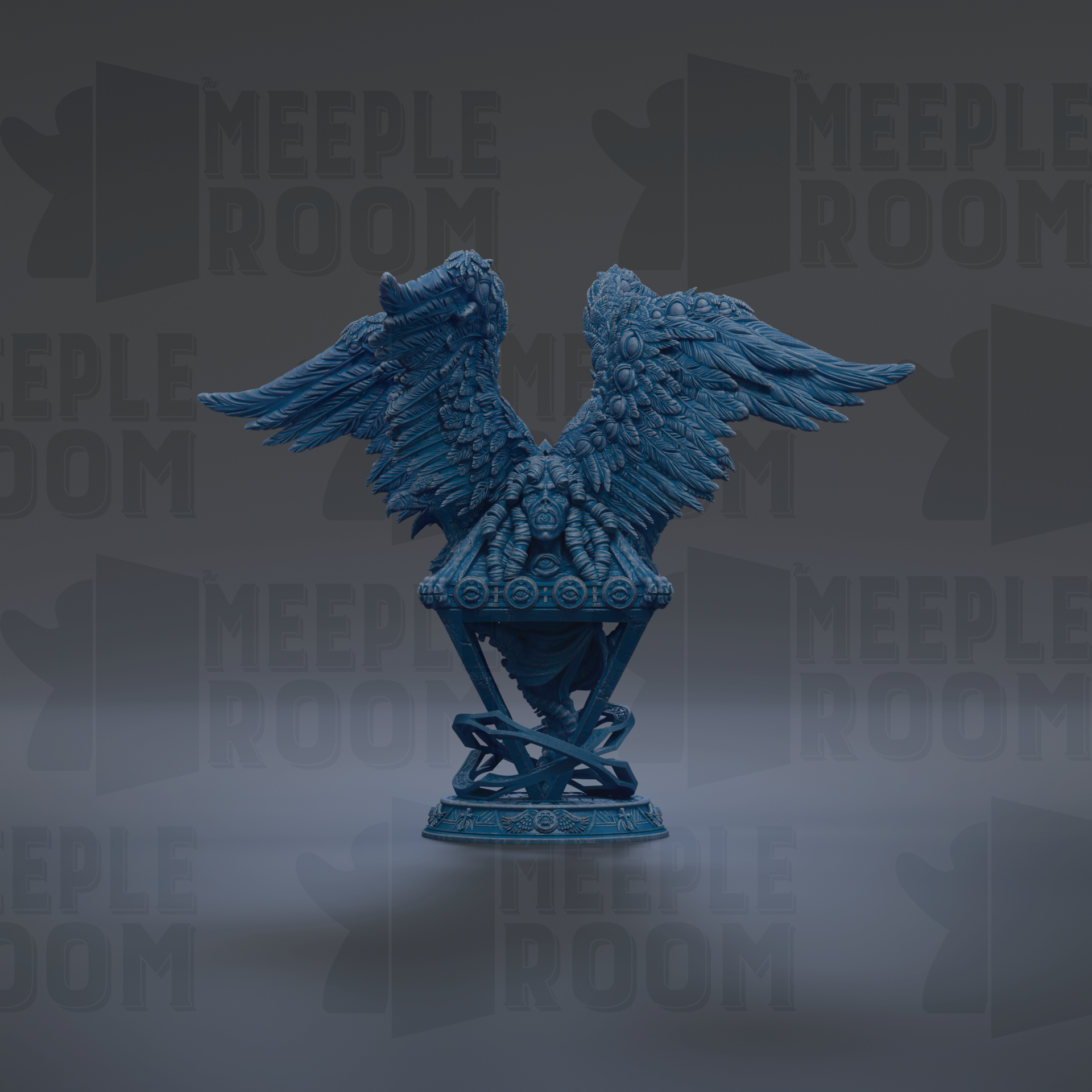 A blue, winged statue stands on a pedestal against a dark background with repeated text.
