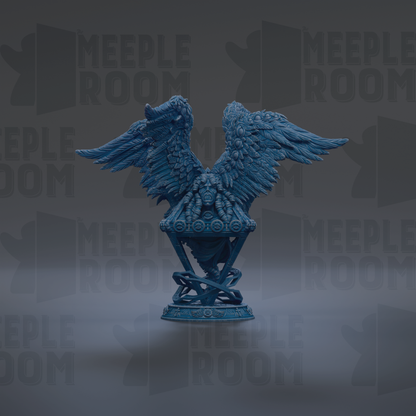 A blue, winged statue stands on a pedestal against a dark background with repeated text.