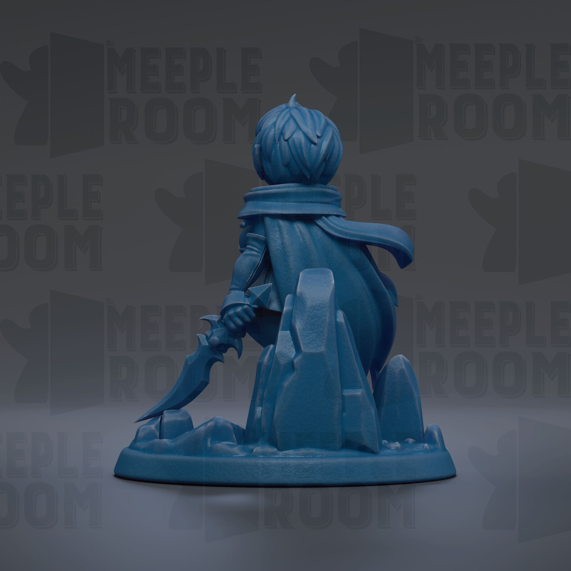 A blue figurine of a person holding a sword, standing on a rocky base, with the text "MEUPLE ROOM" repeated in the background.