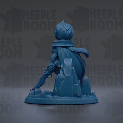 A blue figurine of a person holding a sword, standing on a rocky base, with the text "MEUPLE ROOM" repeated in the background.