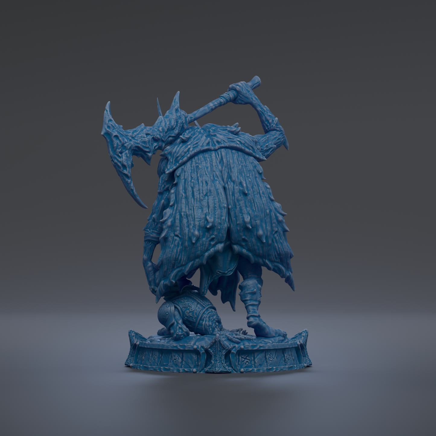 A 3D rendering of a blue, fantastical creature with a large, curved weapon in its hand, standing on a platform.
