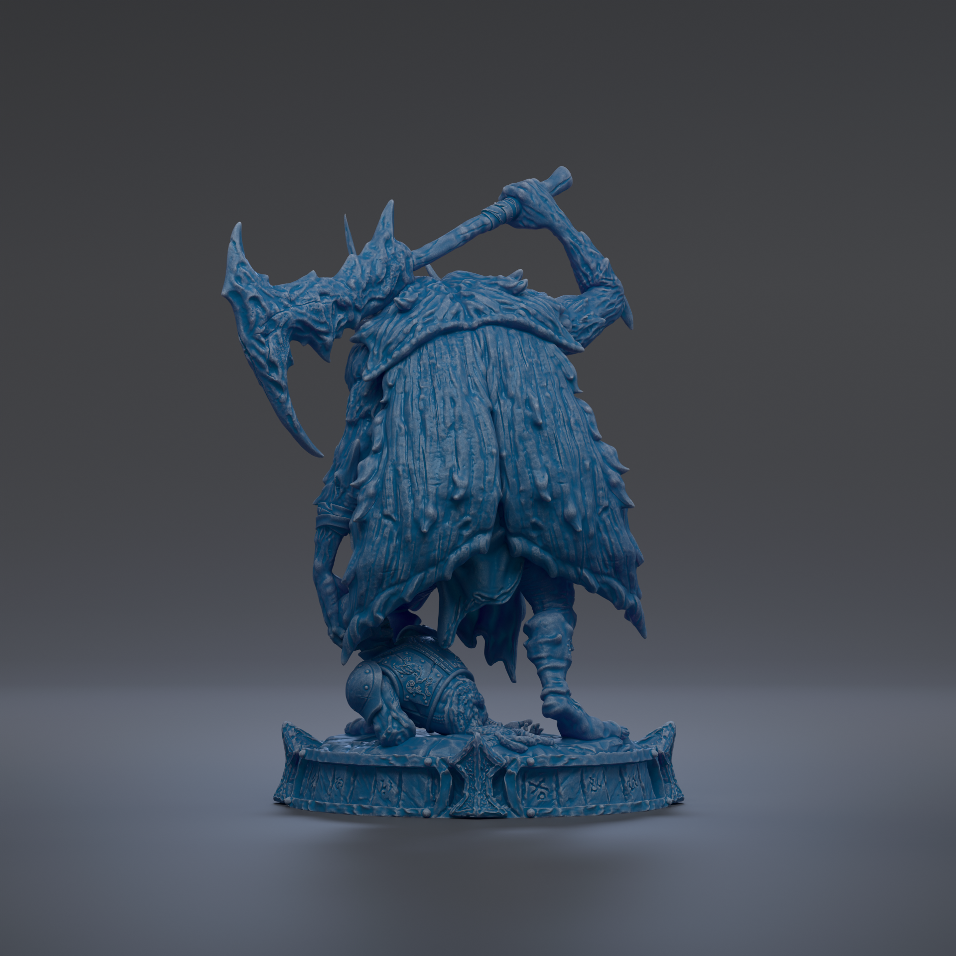 A 3D rendering of a blue, fantastical creature with a large, curved weapon in its hand, standing on a platform.