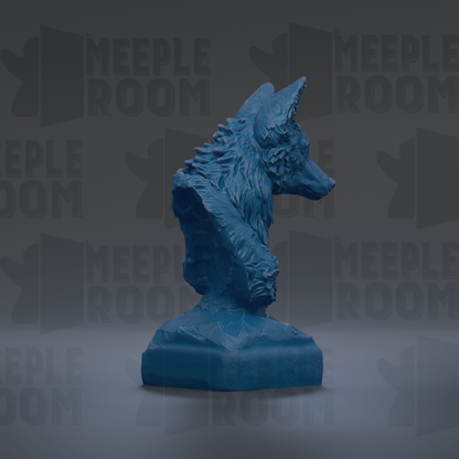 A blue, sculpted statue of a fox's head is displayed against a dark background with repeated text.