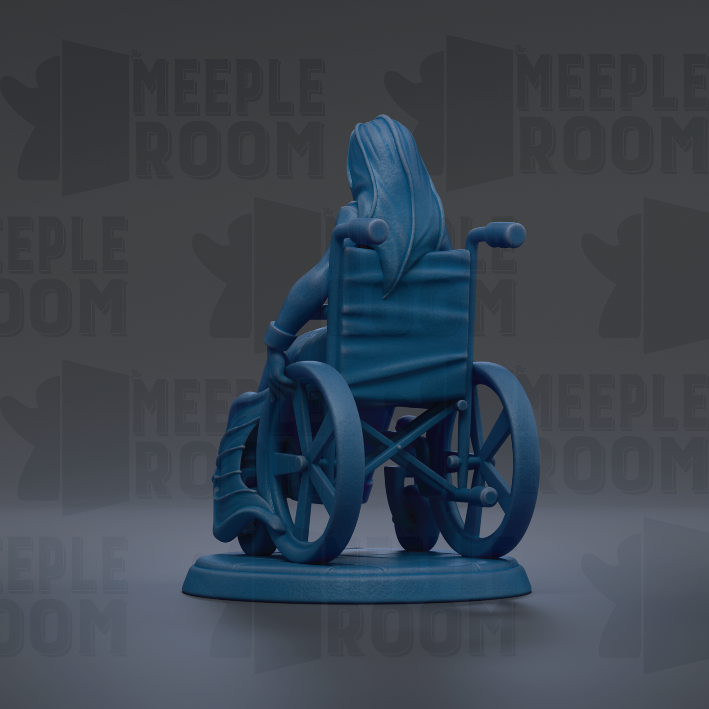 A blue figurine of a person in a wheelchair is shown against a dark background with repeated text.