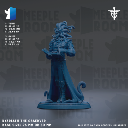 a figurine of a character named Nyarlath, the Observer, with a detailed description of its base size and dimensions.