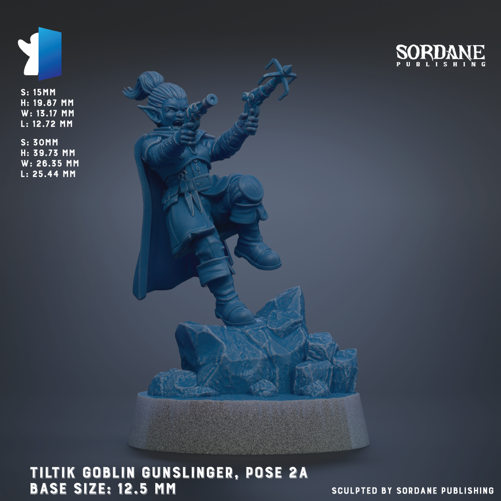 The image is a 3D rendering of a figurine of a character named Tiltik, who is a gunlinger. The figurine is posed on a rock formation, holding a crossbow and a gun. The image is in a blue color and is described as a base size: 12.5 mm. The image is published by Sordane Publishing.