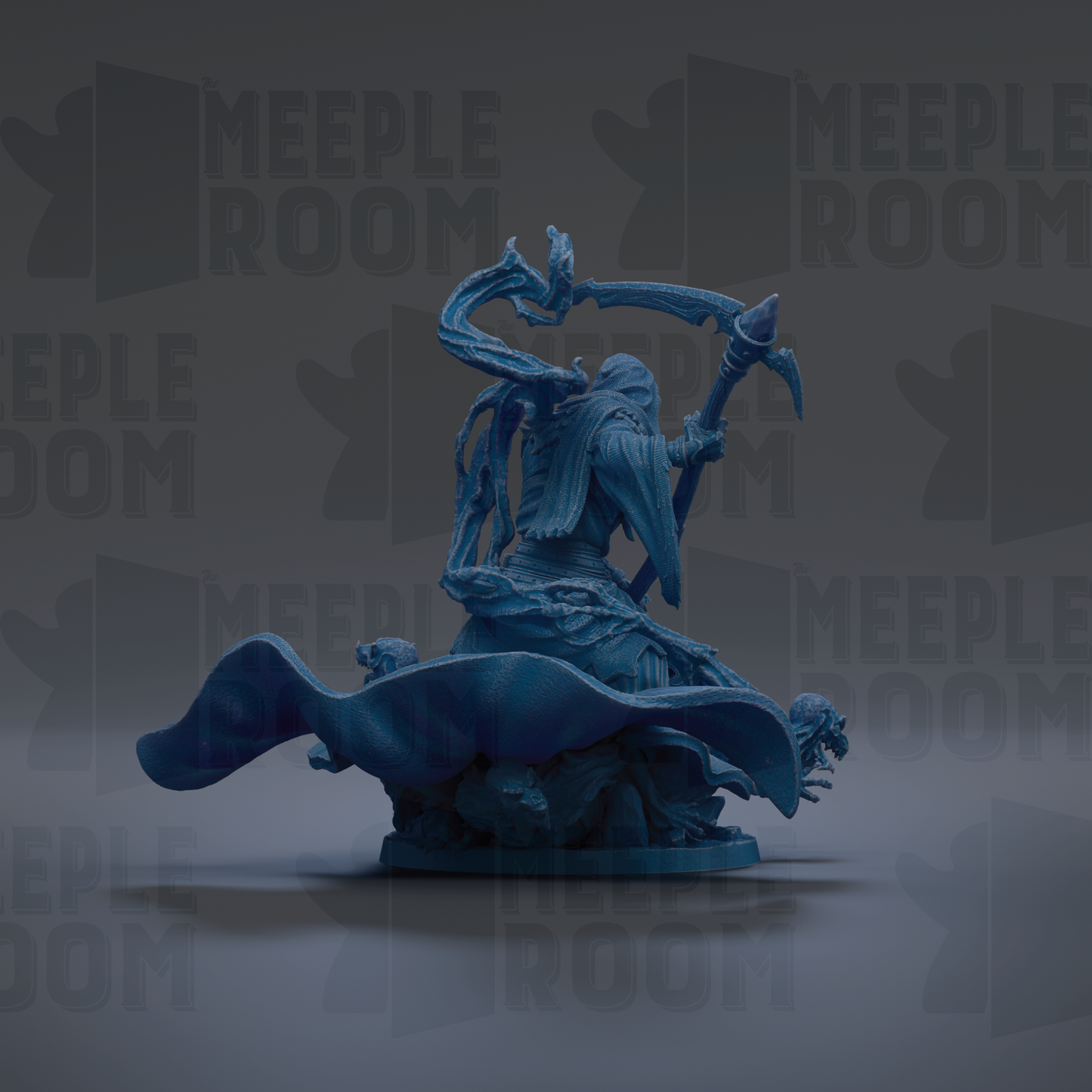 A dark blue, sculpted figure with a long, curved arm and a pointed hat, standing on a platform and holding a weapon.
