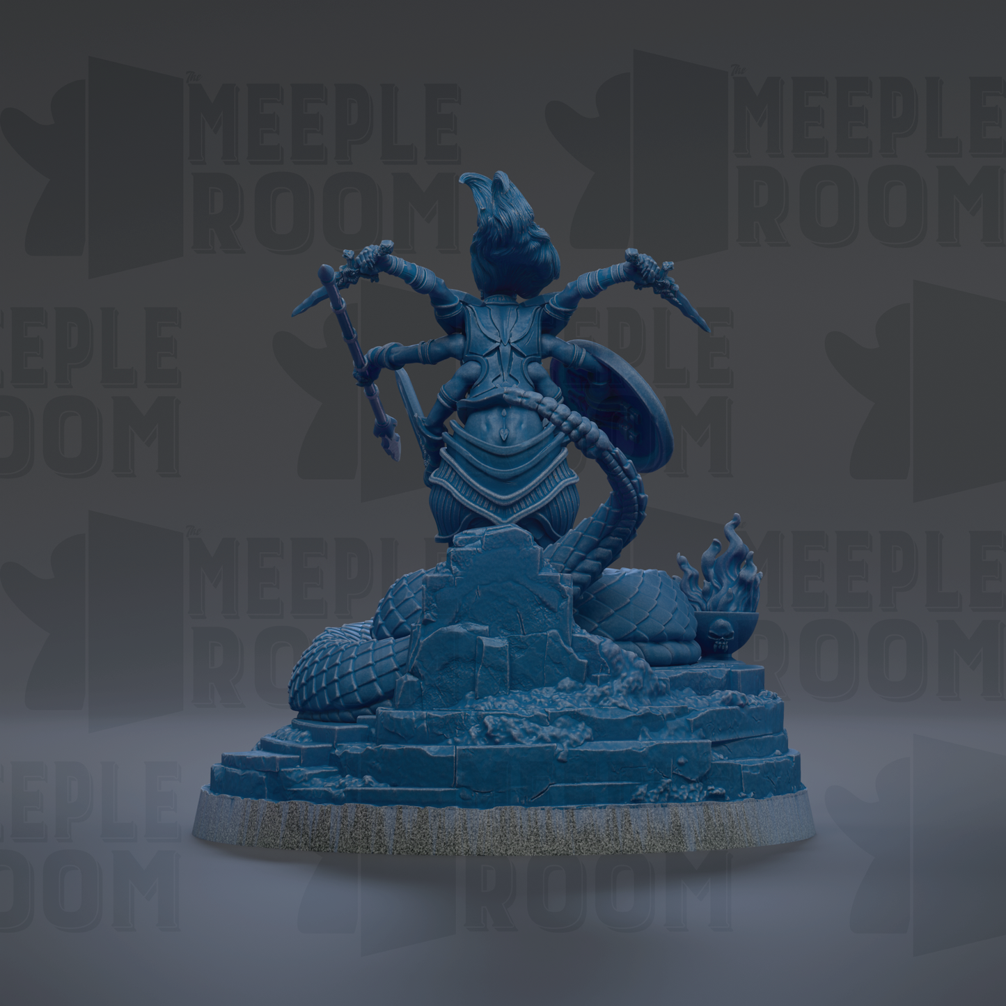 A blue statue of a dragon-like creature with multiple arms and a helmet, standing on a rocky base.