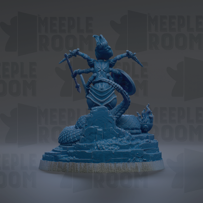 A blue statue of a dragon-like creature with multiple arms and a helmet, standing on a rocky base.