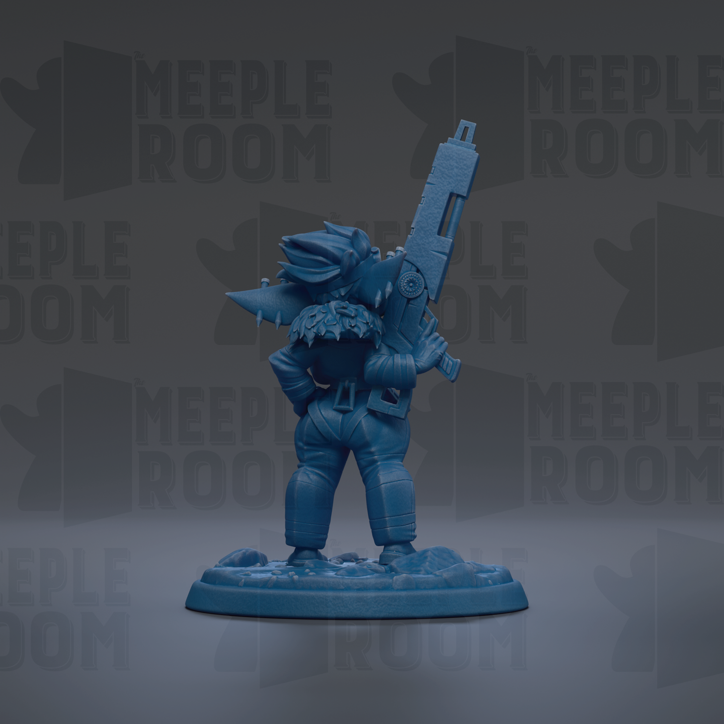 A blue figurine of a character holding a large gun, standing on a base.