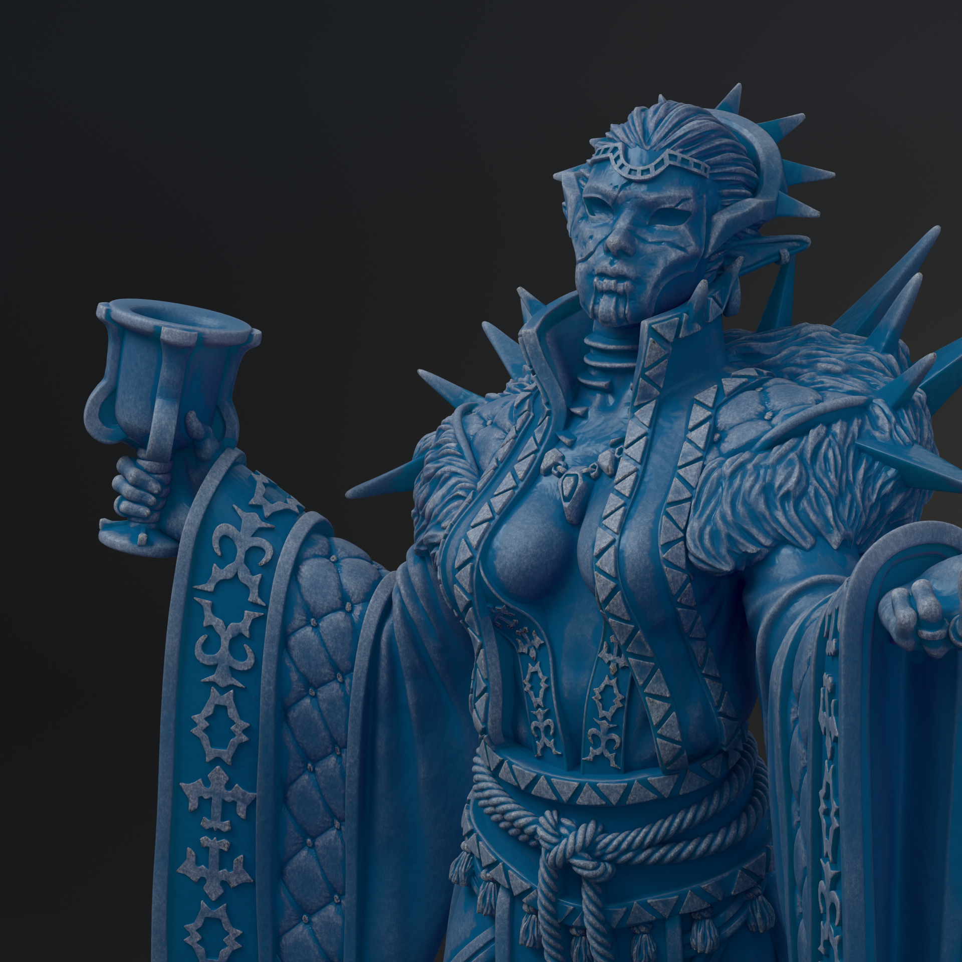 A detailed 3D rendering of a fantastical female character, possibly a queen or ruler, wearing ornate and intricate armor and clothing. She is holding a cup in her hand, and the overall color scheme of the image is predominantly blue, with some white accents.
