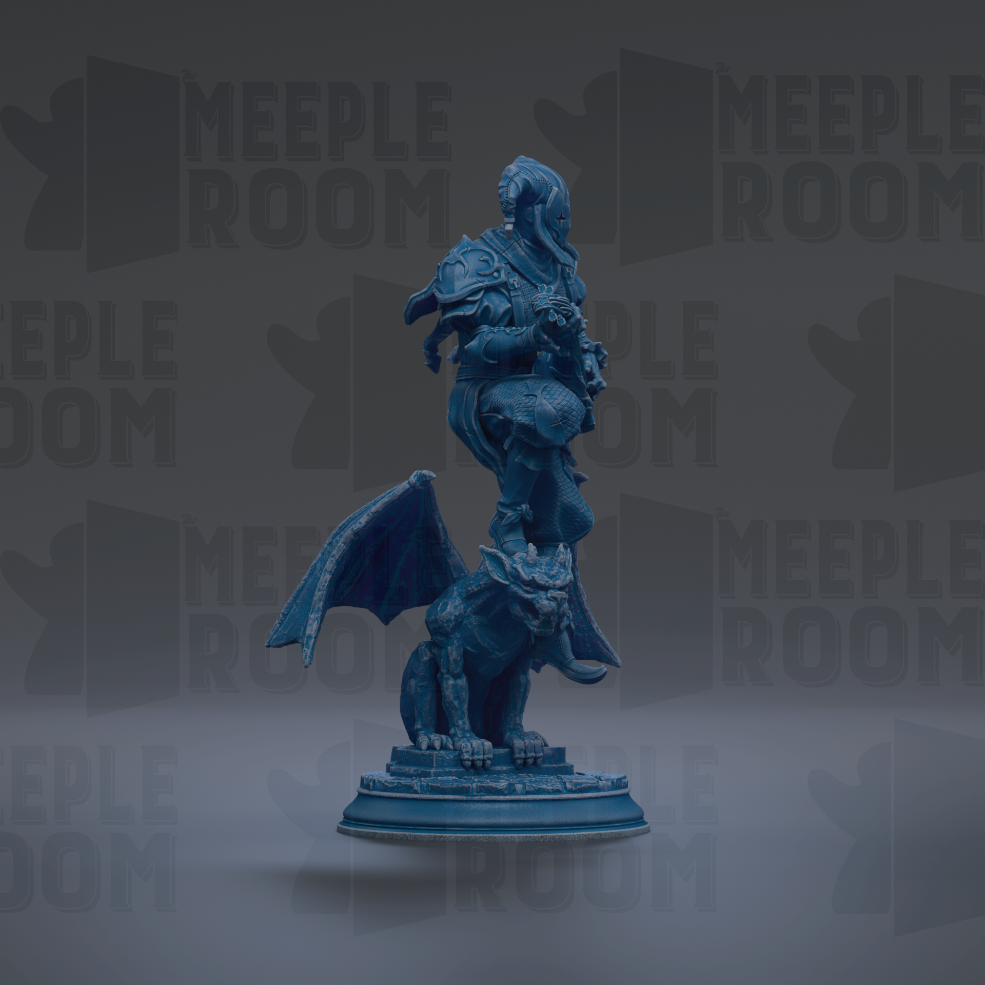 A blue statue of a winged creature, possibly a dragon or mythical beast, standing on a pedestal.
