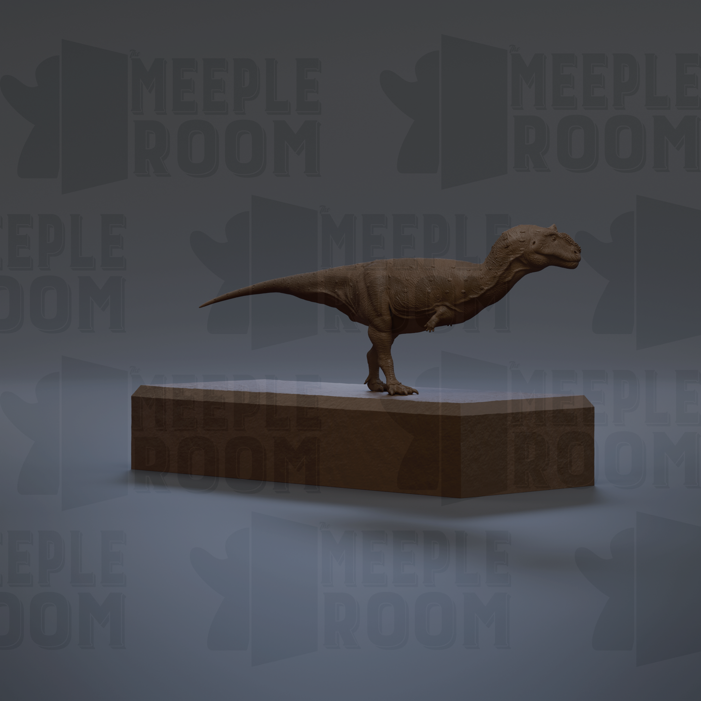 A 3D rendering of a dinosaur statue standing on a platform.