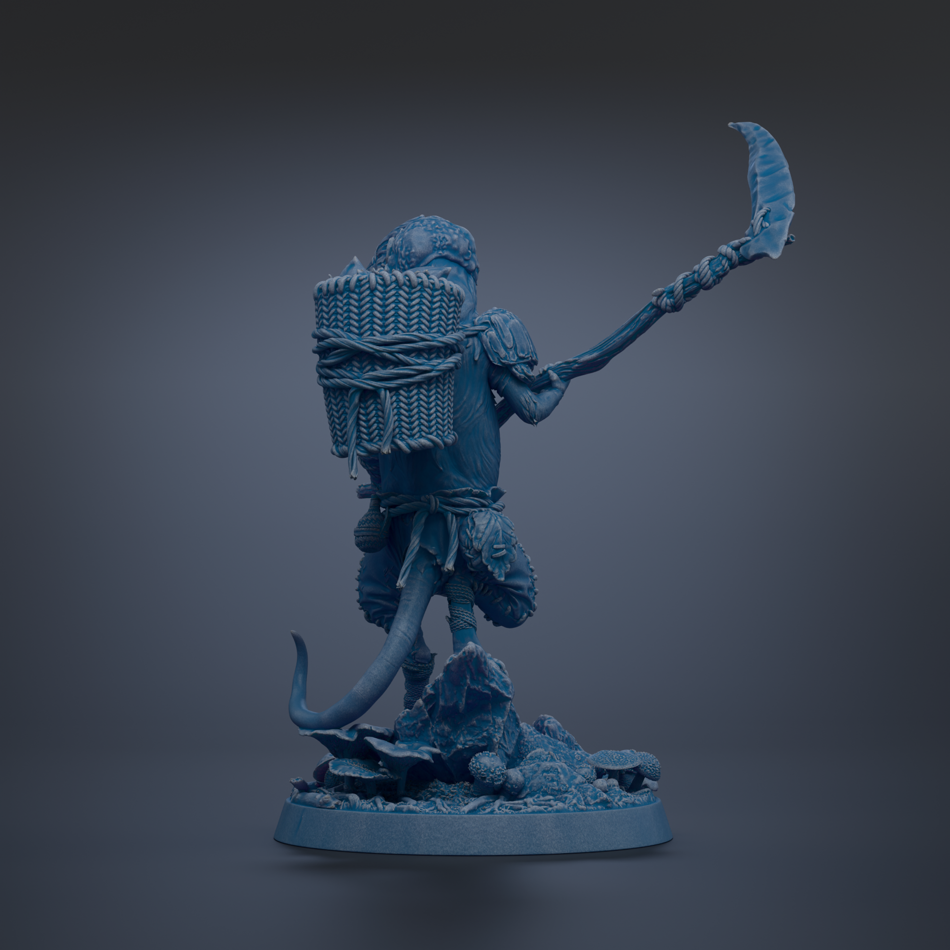 A blue, 3D-rendered statue of a fantastical creature with a large, curved weapon in its hand, standing on a rocky base.