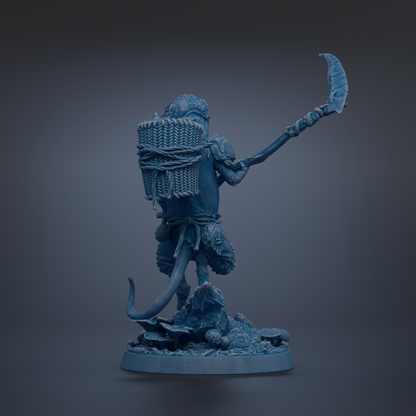 A blue, 3D-rendered statue of a fantastical creature with a large, curved weapon in its hand, standing on a rocky base.