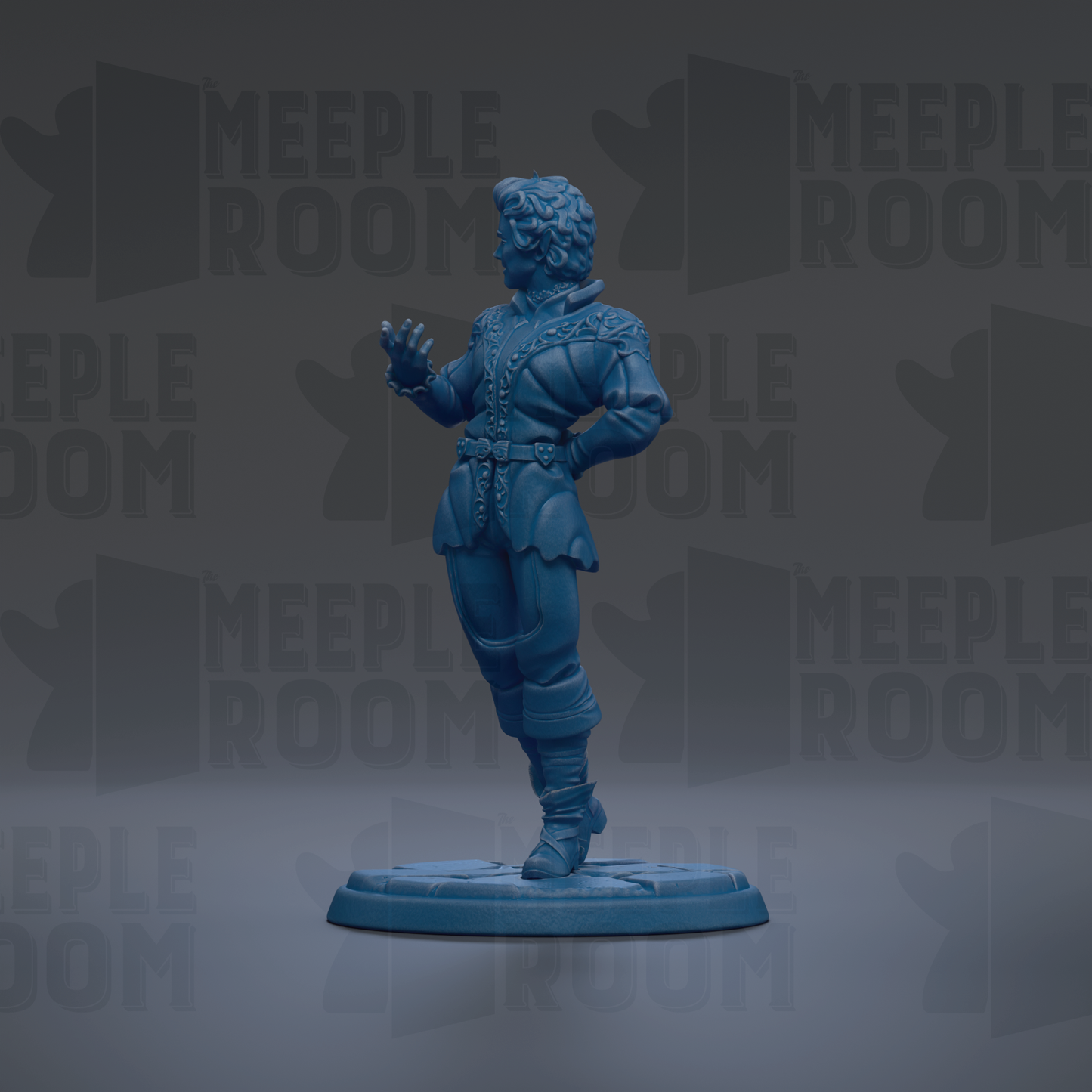 A blue figurine of a person standing on a platform against a dark background with repeated text.