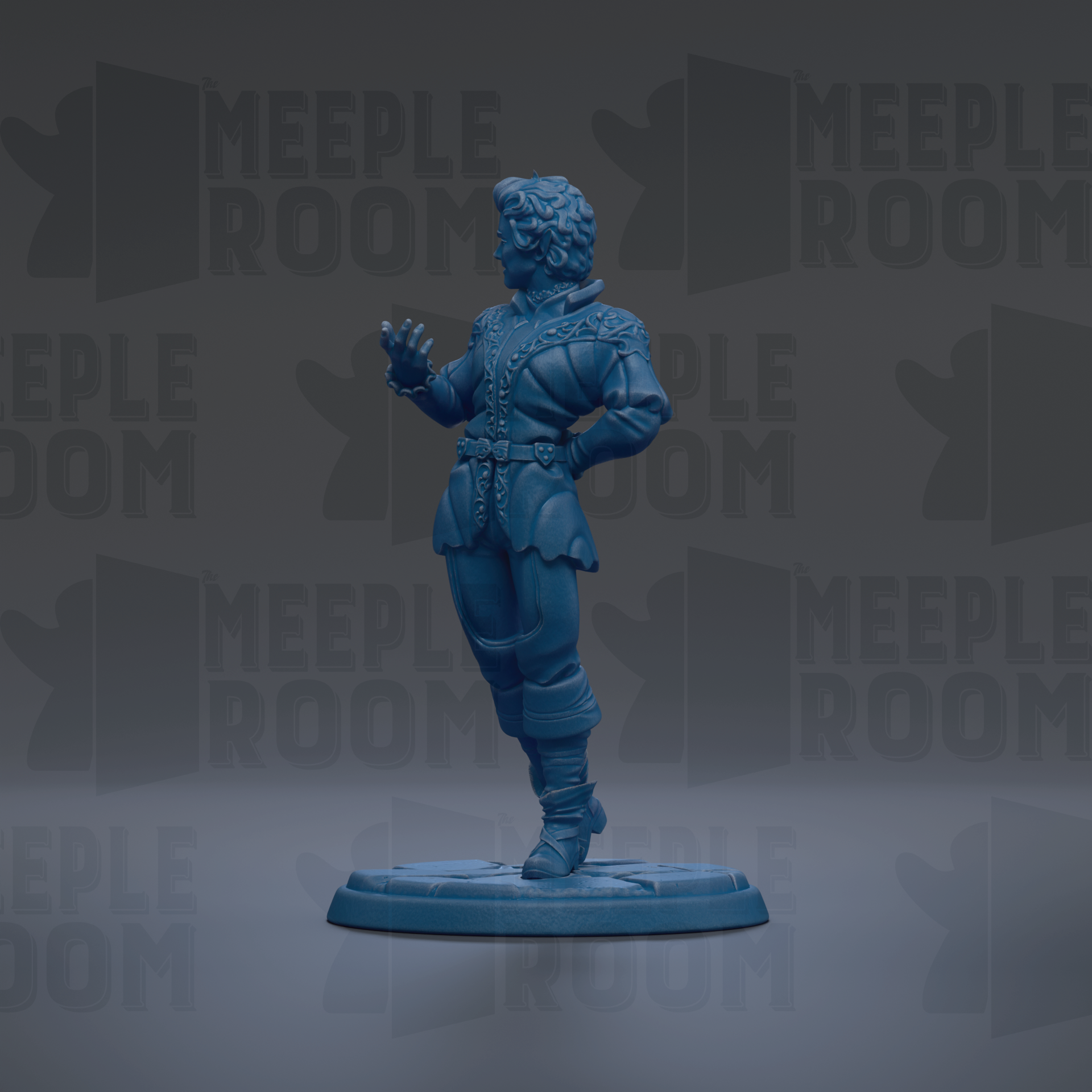 A blue figurine of a person standing on a platform against a dark background with repeated text.