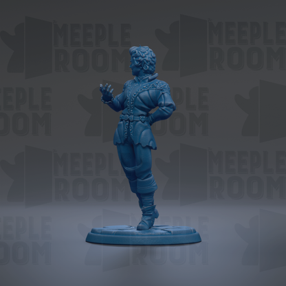 A blue figurine of a person standing on a platform against a dark background with repeated text.