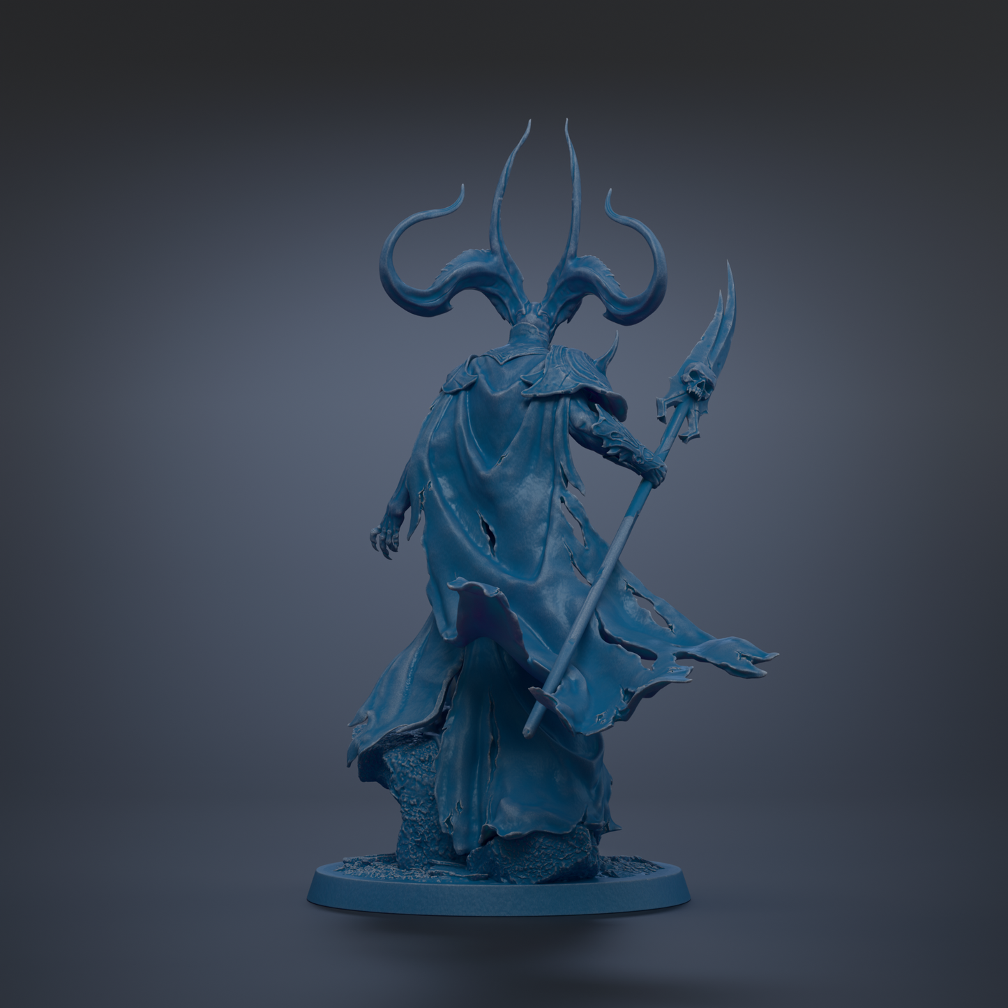 A dark blue, fantastical statue of a creature with large, curved horns and a flowing cape, standing on a base and holding a staff.