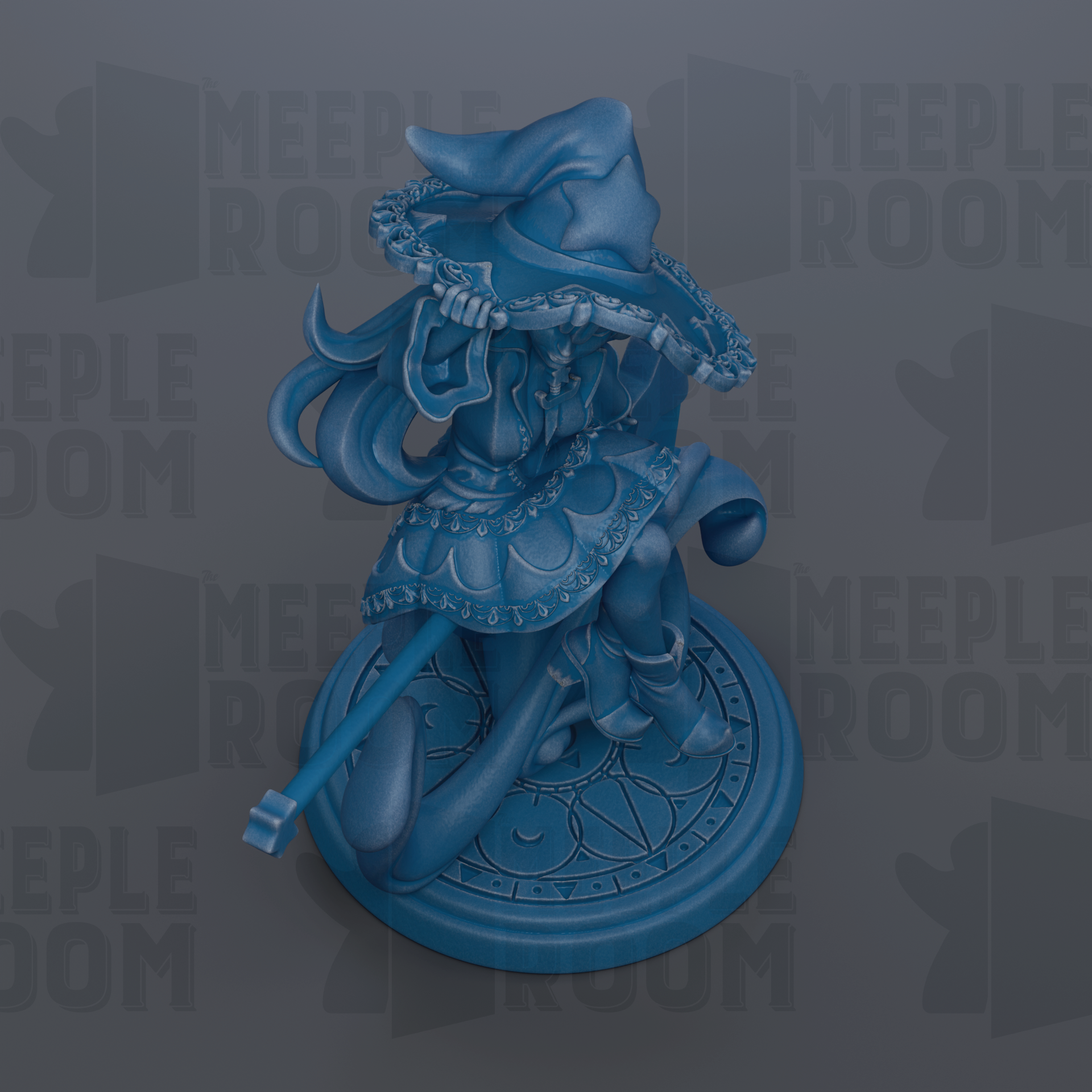 A blue figurine of a character with long hair and a pointed hat, sitting on a circular base with a key-like design.