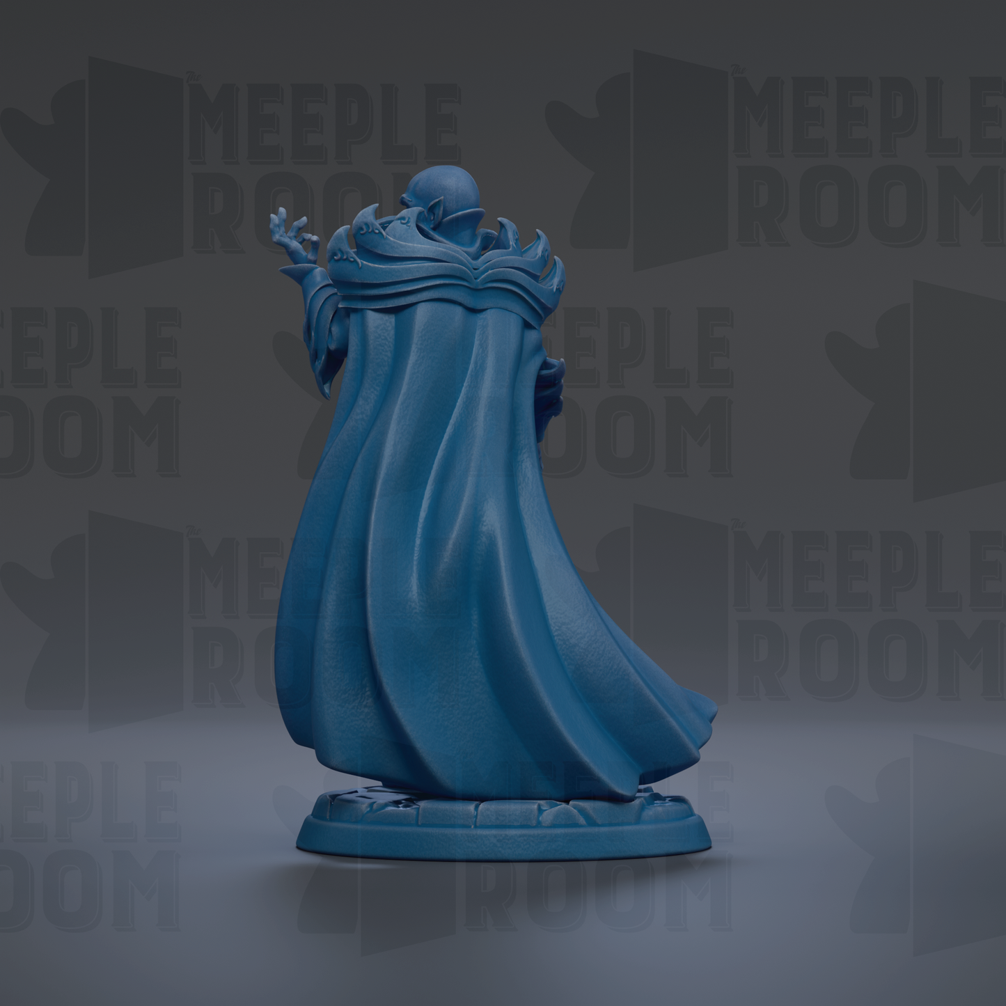 A blue statue of a figure with a flowing cape, standing against a dark background with repeated text.