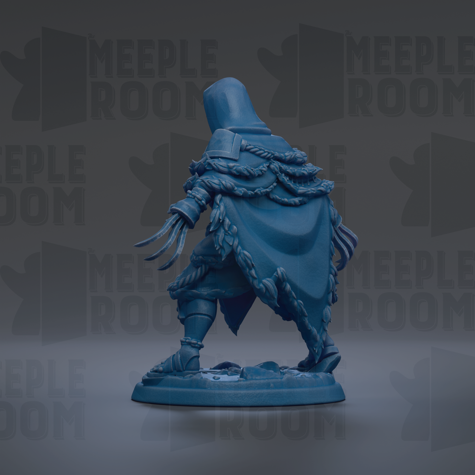 A blue figurine of a person standing on a base, with the text "MEUPLE ROOM" repeated in the background.