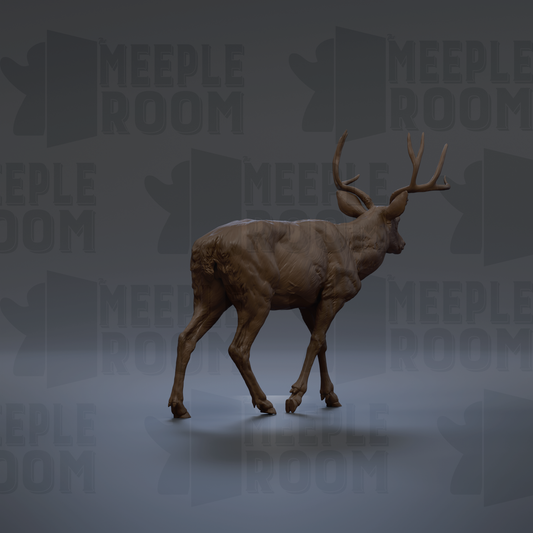 A 3D rendering of a deer with antlers, standing on a gray background with the text "MEUPLE ROOM" repeated multiple times.