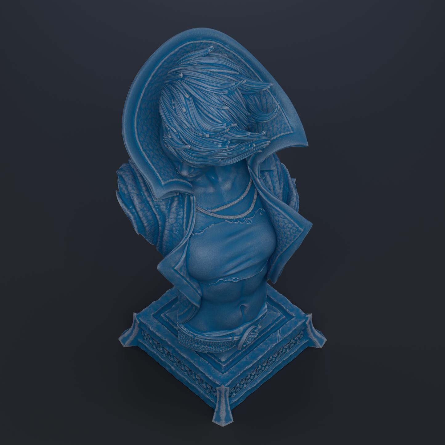 A blue bust sculpture of a woman with flowing hair and a decorative collar, set against a dark background.